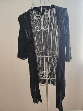 Perceptions New York Black Open Knit Crochet Duster Cardigan Size M